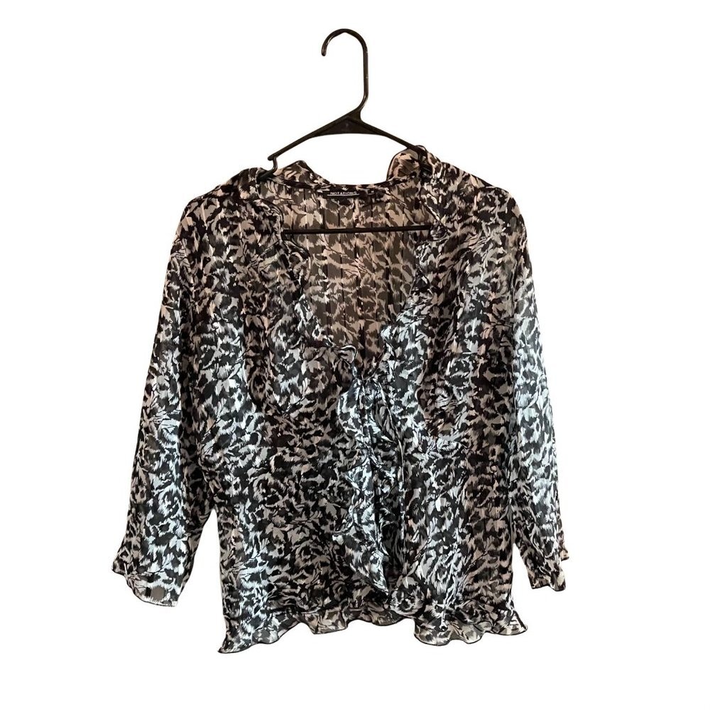 Notations Black and White Printed Ruffle Front Tie Blouse